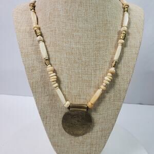 Vintage Tribal Necklace 40 Inch Ivory White Gold Tone